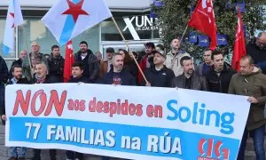 Trabajadores la compañía Soling Instalaciones se manifestan ante la Xunta de Vigo, a 12 de febrero de 2024.