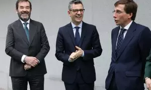 El presidente del CGPJ, Vicente Guilarte, el ministro de Justicia, Félix Bolaños, y el alcalde de Madrid, José Luis Martínez-Almeida, el 8 de febrero de 2024.