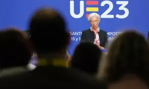 La presidenta del Banco Central Europeo (BCE), Christine Lagarde, en una rueda de prensa en Santiago de Compostela, a 15 de septiembre de 2023.