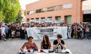 Representantes de los estudiantes ofrecen una rueda de prensa en Ciudad Universitaria (Madrid), a 9 de mayo de 2024.
