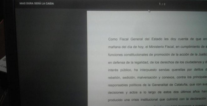 "Más dura será la caída": así titula la Fiscalía el archivo del comunicado de las querellas contra Puigdemont y Forcadell
