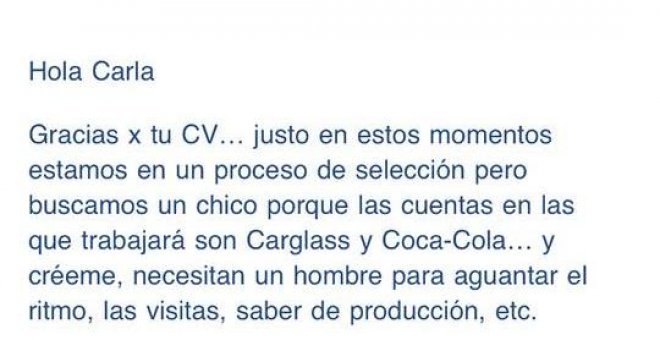 La machista respuesta de una empresa a una solicitud de trabajo de una mujer: "Se necesita un hombre para aguantar el ritmo"