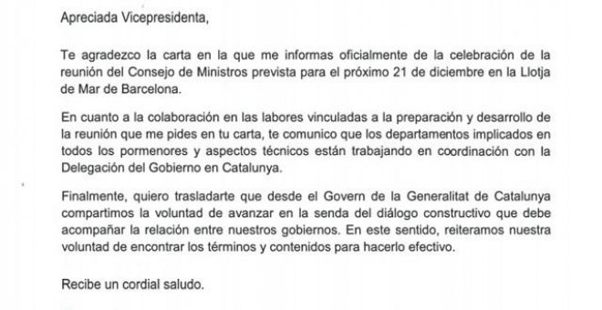 El Govern responde a Calvo por carta que quiere buscar la fórmula de un "diálogo constructivo"