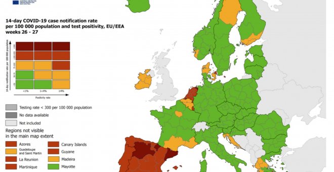 Catalunya entra en la zona de màxima alerta pels contagis al mapa de la UE sobre la Covid-19