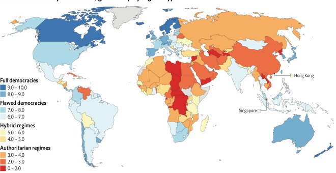 España es última de la lista de las "democracias plenas" en Europa, según la Economist Intelligence Unit de 2020