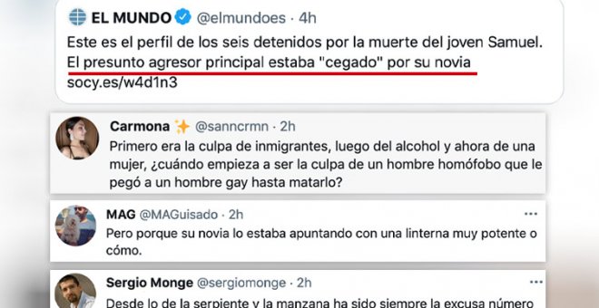 Indignación con un titular del 'El Mundo' que dice que el presunto agresor principal Samuel Luiz "estaba 'cegado' por su novia"