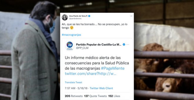 El PP hace un borrado masivo de sus tuits contra las macrogranjas en Castilla-La Mancha, pero no puede con la hemeroteca