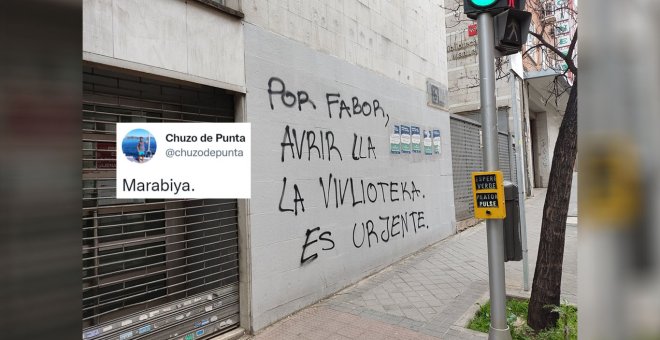 La pintada en una biblioteca de Madrid en obras desde 2019 que retrata la "urjencia" de su reapertura