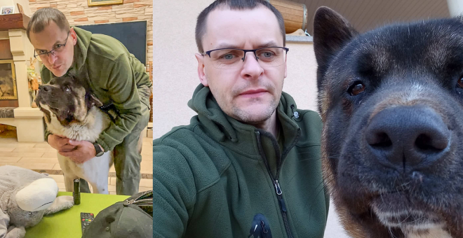 Un perro consuela al ucraniano que se enteró por Twitter del asesinato de su familia