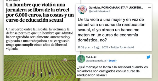 Indignación por el caso del hombre que violó a una temporera y se librará de la cárcel con una multa y un curso: "¿Qué mensaje se lanza a la sociedad?"