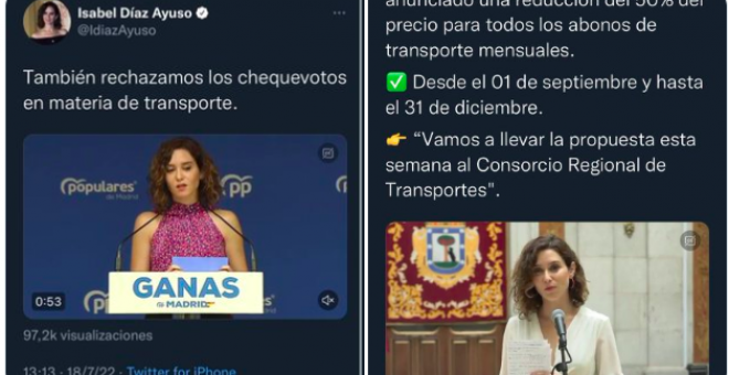 Ayuso abraza ahora los 'chequevotos' para el transporte tras ridiculizarlos: "Donde dije digo..."