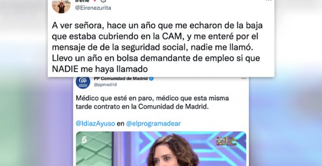 La ilustrativa respuesta de una médica de familia a Ayuso y su "médico en paro, médico que contrato": "Me ofrecían UN DÍA en el famoso PAC"