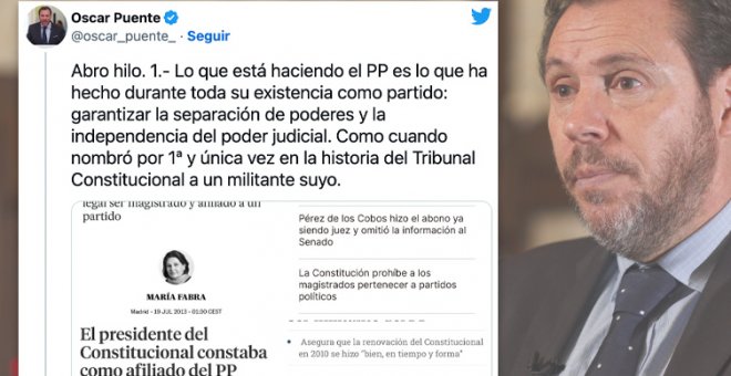 El demoledor repaso de Óscar Puente al PP en un irónico hilo sobre su "probada contribución a la independencia judicial"