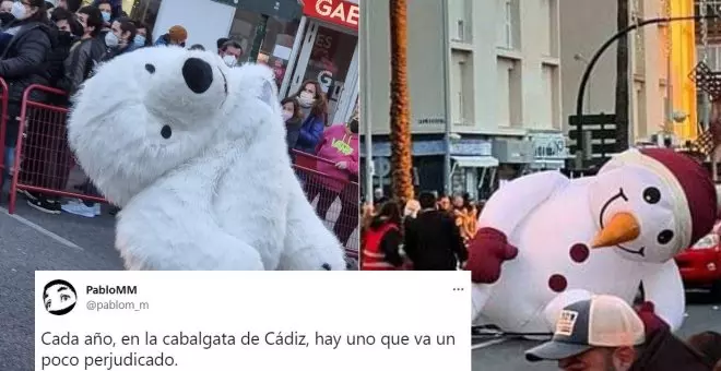 El muñeco de nieve derretido se convierte en el digno sucesor del oso desnucado en la cabalgata de Cádiz: "Cada año hay uno que va perjudicado"
