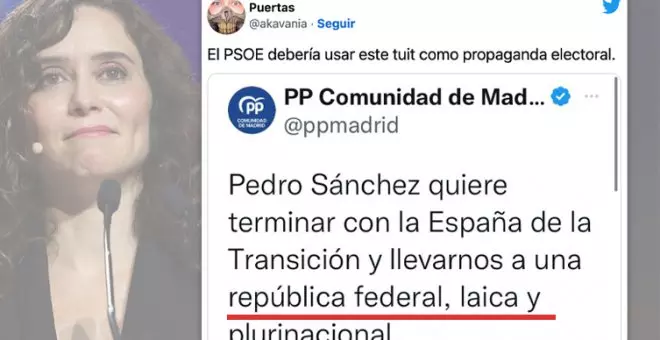 Ayuso dice que Sánchez quiere una "república federal, laica y plurinacional" y pasa lo que pasa: "Al final vais a conseguir que le vote"