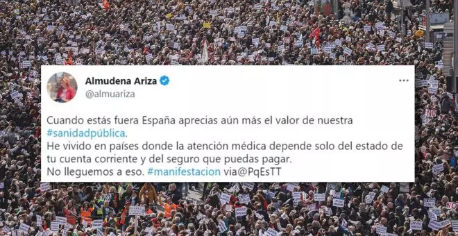 La reflexión de Almudena Ariza sobre la sanidad pública durante la manifestación en Madrid: "Cuando estás fuera de España la aprecias aún más"