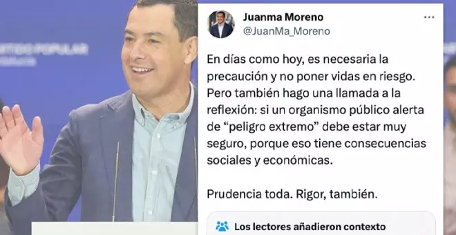 Juanma Moreno también carga contra la alerta por la DANA y se come un aviso de contexto en Twitter