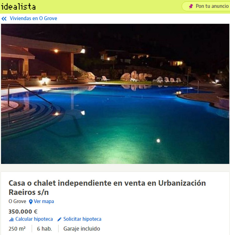 Anuncio en Idealista de la venta del chalé en la Urbanización Raeiros, en O Grove (Pontevedra).