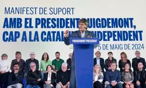 El candidato de Junts a las elecciones catalanas, Carles Puigdemont, durante un mitin, a 5 de mayo de 2024, en Argelès, Francia.