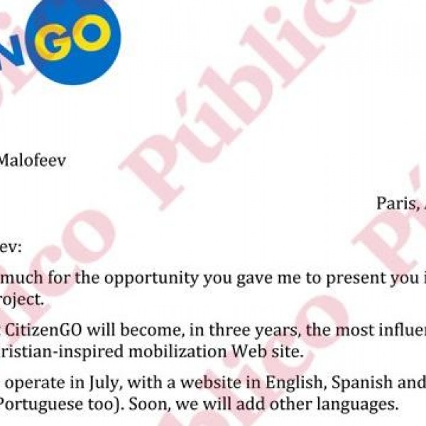 Carta de Arsuaga al oligarca ruso Maloféyev, pidiéndole 100.000 euros. — Wikileaks