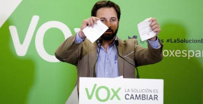 El secretario general de Vox, Santiago Abascal, rompe una papeleta de la consulta soberanista prevista para Cataluña el próximo mes de octubre, durante el acto de inicio de la campaña de las elecciones europeas del 25 de mayo, celebrado hoy en Vitoria.