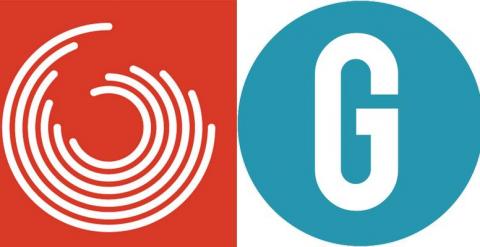 Los logotipos de Guanyem Barcelona (D) y de Ganemos Madrid