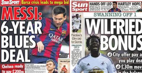 Portadas del 'Daily Star' y el 'Sun Sport' con Messi como protagonista.