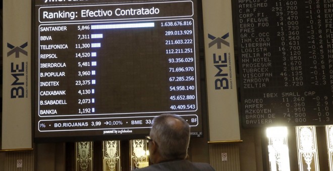 Vista de una pantalla de la Bolsa de Madrid que muestra información bursátil del Banco Santander y otras empresas. EFE/Kiko Huesca