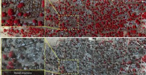 Arriba, Baga antes de los ataques. Las zonas rojas muestran la vegetación sana. Abajo,  el estado de la localidad tras el paso de Boko Haram. - EFE