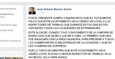 Nota emitida por el alcalde de Fuente del Maestre en la que presume en su Facebook de haber avisado a sus vecinos de la inspección laboral