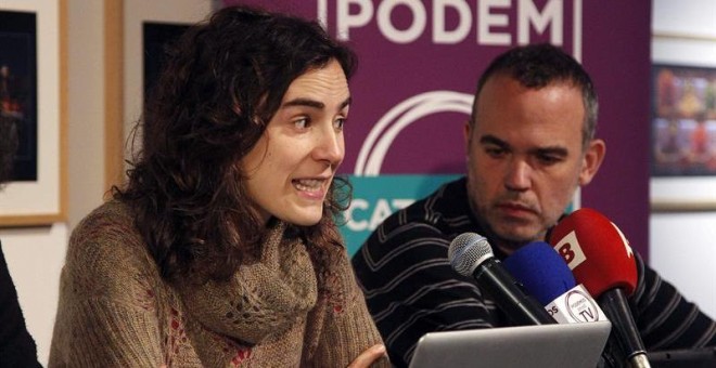 La secretaria general autonómica de Podem Catalunya, Gemma Ubasart y Jordi Bonet, durante la rueda de prensa que ofreció hoy en Barcelona para presentar al equipo de personas que forman parte del Consell Ciutadà Autonòmic