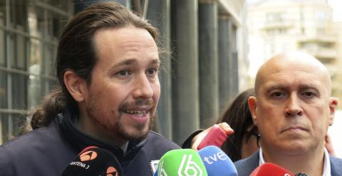 El secretario general de Podemos, Pablo Iglesias, en declaraciones a los medios en Bruselas./ EFE