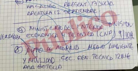 Manuscrito de Francisco Nicolás, con la anotación “Ministerio del Interior. División Económica y Técnica (CNP) 9/10 M”.