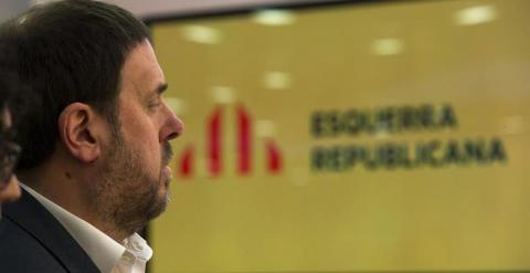 El presidente de ERC, Oriol Junqueras, durante su intervención en el Consell Nacional del partido. / EFE