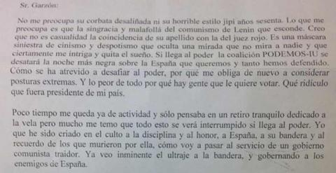 Extracto de la carta recibida por Alberto Garzón.