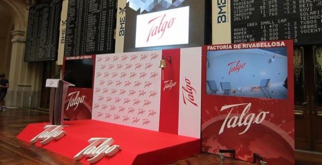 Escenario instalado en la Bolsa de Madrid para el estreno en el mercado de Talgo. E.P.