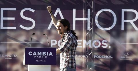 ¡El secretario general de Podemos, Pablo Iglesias, durante el mitin ofrecido el 8 de mayo en Alcalá de Henares. EFE/Kiko Huesca