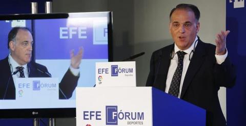 El presidente de la LFP, Javier Tebas, durante su participación en un EFE Fórum Deportes. /EFE