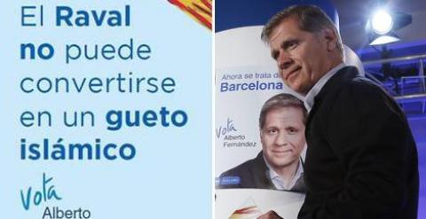A la izquierda, el folleto del PP de Barcelona. A la derecha, el candidato a la Alcaldía, Alberto Fernández. EFE