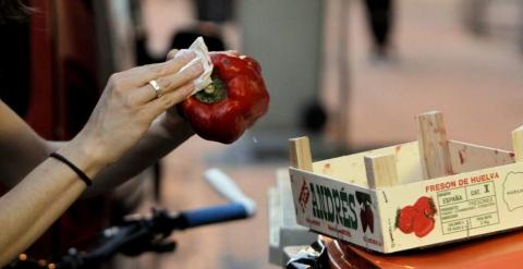 Foto de archivo de una voluntaria española recogiendo alimentos de contenedores. / EFE