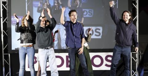 José Manuel López, candidato de Podemos a la Comunidad de Madrid; Íñigo Errejón, secretario de Política de la formación morada y Pablo Iglesias, secretario general del partido./ EFE