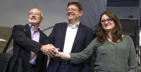 Mónica Oltra, Ximo Puig y Antonio Montiel tras su primera reunión hace tres días.- EFE