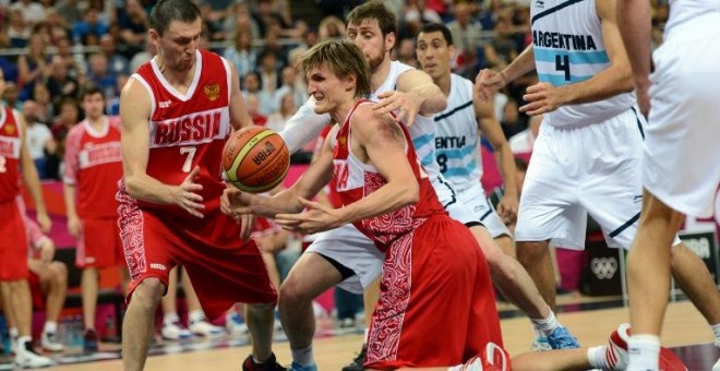 El jugador ruso Andrei Kirilenko durante el partido por la medalla de bronce entre Rusia y Argentina de los Juegos de Londres 2012. - AFP