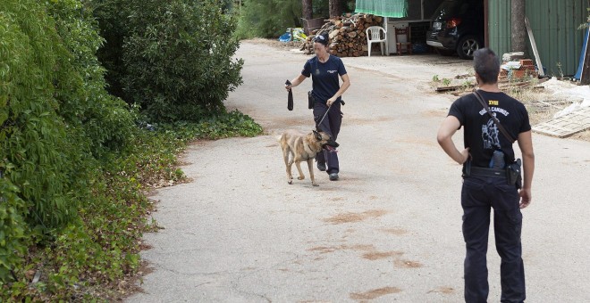 La unidad canina de la Policía Nacional ha registrado este miércoles una finca en Chillarón de Cuenca, propiedad de la familia de Sergio.- EFE