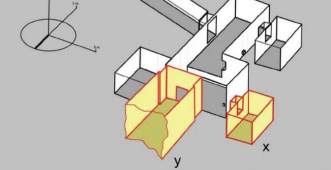 Mapa elaborado por Reeves sobre la estructura de la tumba de Tutankamón, con las dos cámaras secretas en amarillo. “x” es el almacén lateral, mientras que “y” albergaría la tumba de Nefertiti / Theban Mapping Project ©