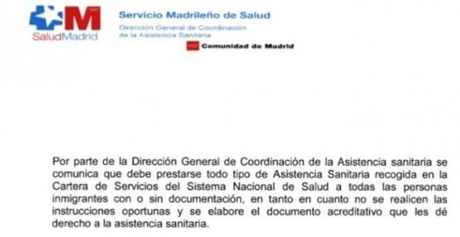 Circular interna de Cristina Cifuentes - sanidad inmigrantes