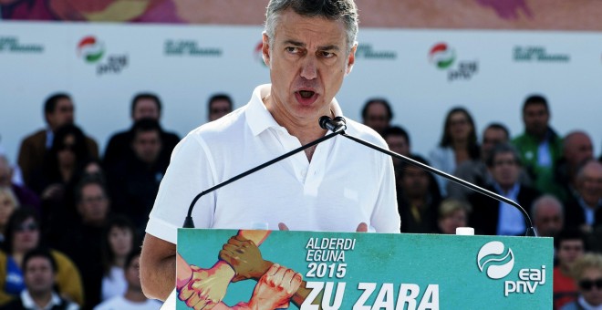 El lehendakari Iñigo Urkullu, durante su intervención en el Alderdi Eguna (Día del Partido) celebrado en la localidad Foronda y coincidiendo con las elecciones autonómicas catalanas, EFE/Adrián Ruiz del Hierro.