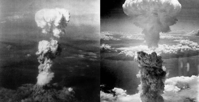 'Hongo' creado tras la explosión de la bomba nuclear de Hiroshima (izq) y el resultante tras el ataque a Nagasaki (der), el 6 y el 9 de agosto de 1945. WIKI