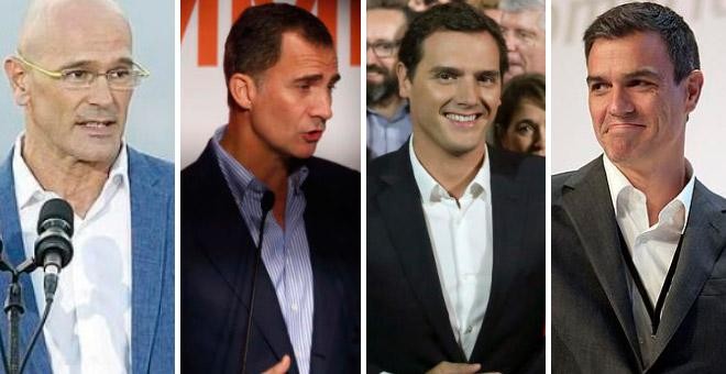 De izquierda a derecha, Raül Romeva, Felipe VI, Albert Rivera y Pedro Sánchez, sin corbata.