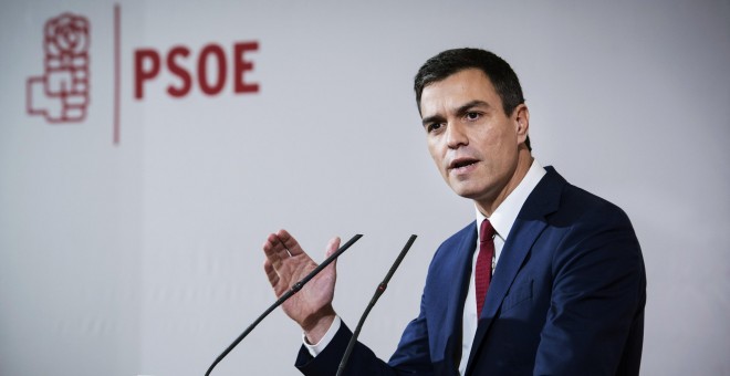 El secretario general del PSOE, Pedro Sánchez, durante el acto en el que ha dado a conocer su propuesta de reforma de la Constitución. EFE/Luca Piergiovanni